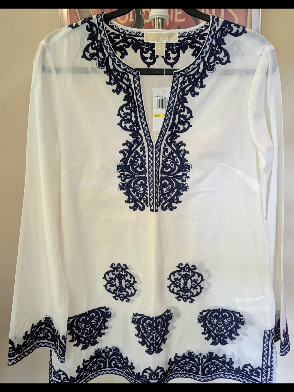 NWT MICHAEL Michael Kors White Navy Embroidered Cotton Tunic Top Medium $20